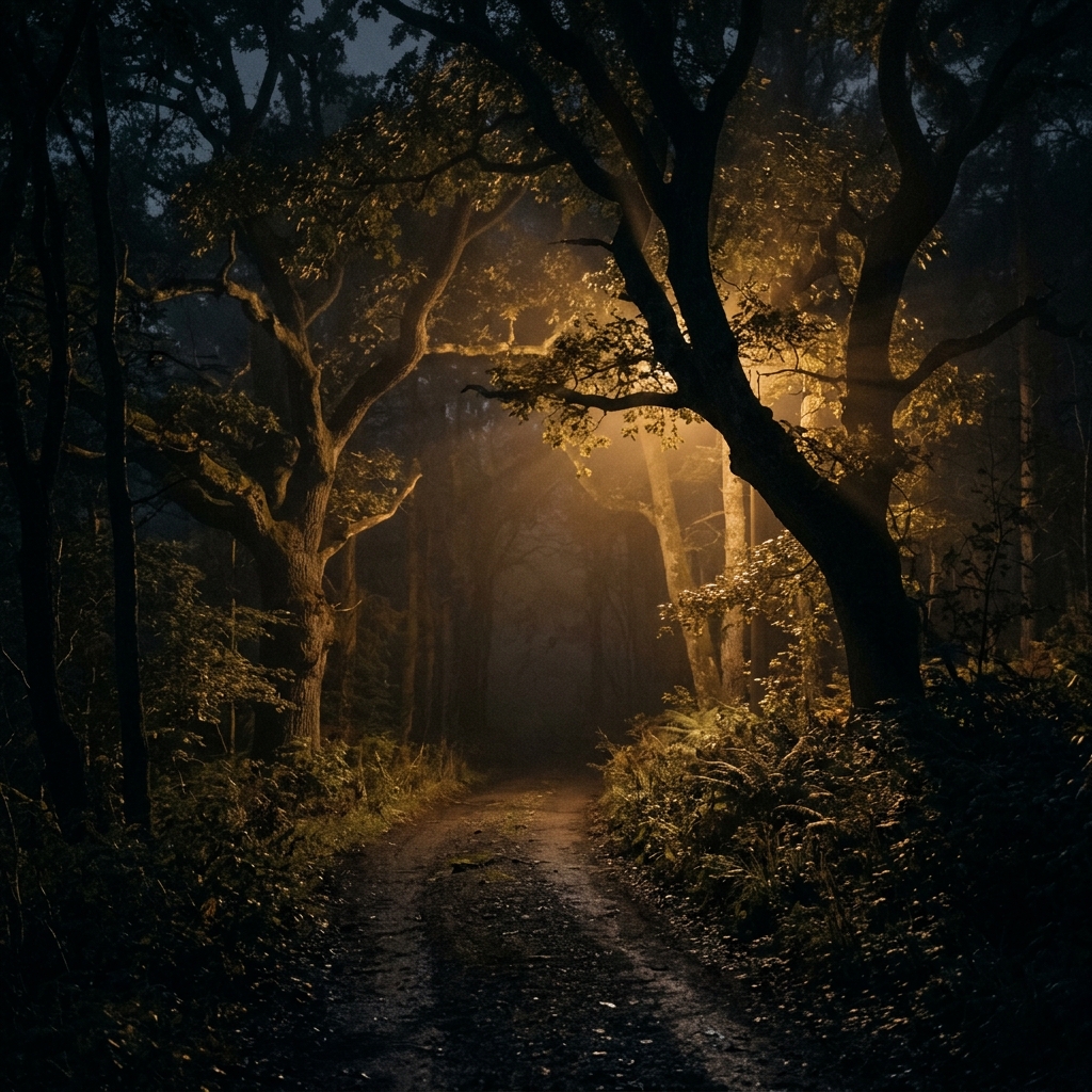 Dark forest path with golden light