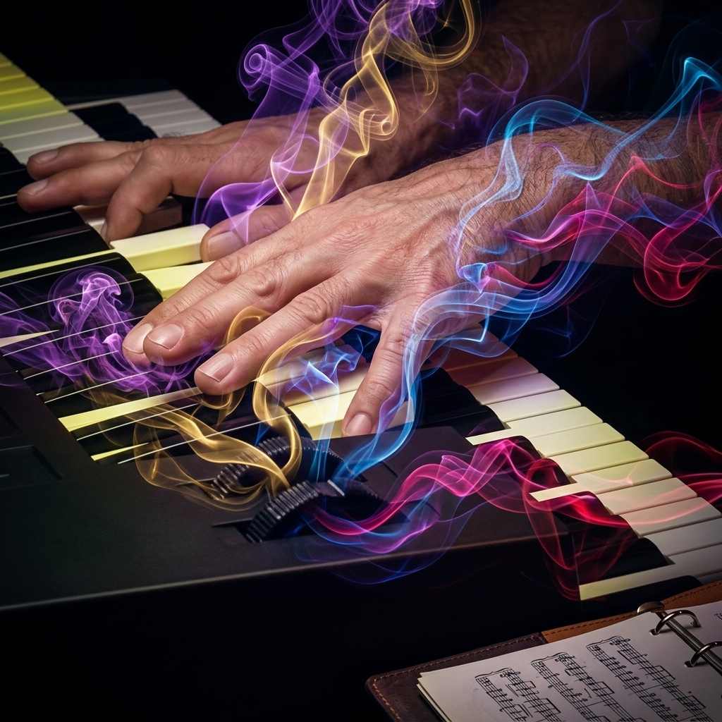 Hands on piano keys with synesthesia colors