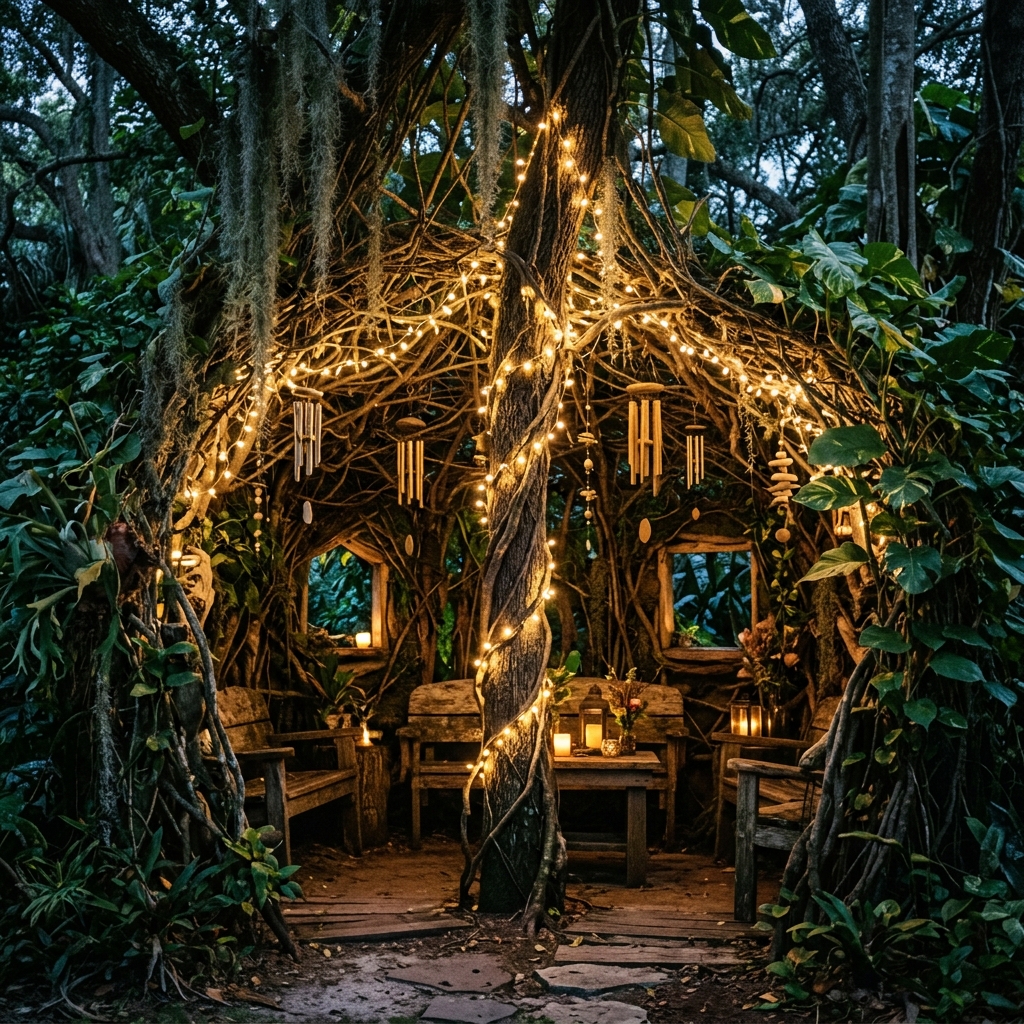 Magical sanctuary carved from trees with string lights
