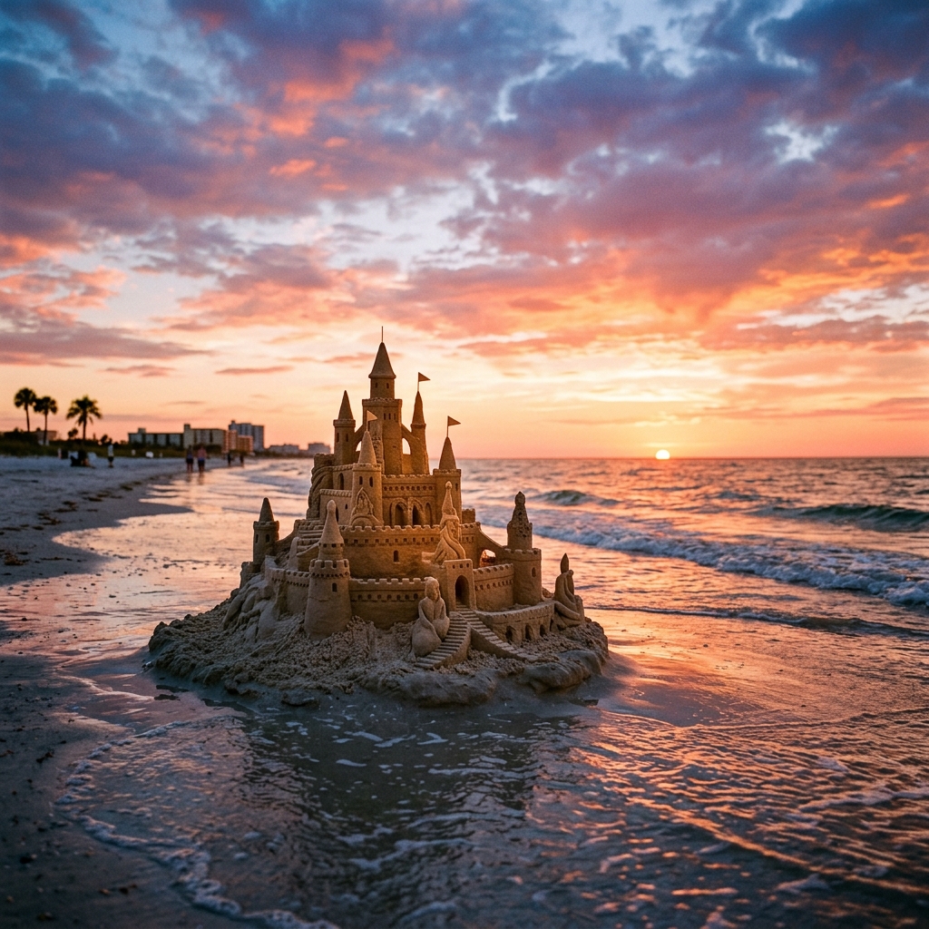 Sandcastle on St Pete Beach at sunset