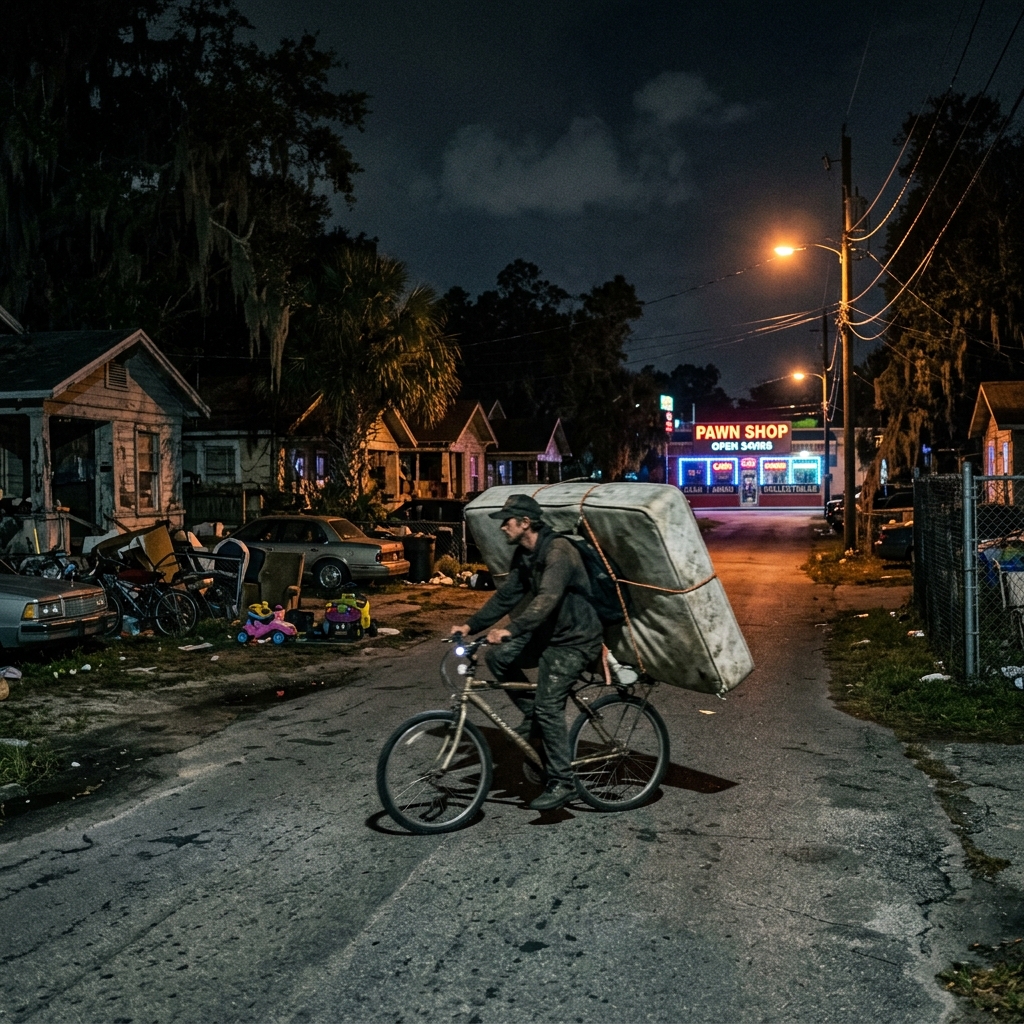 Chaotic Florida street at night with pawn shop