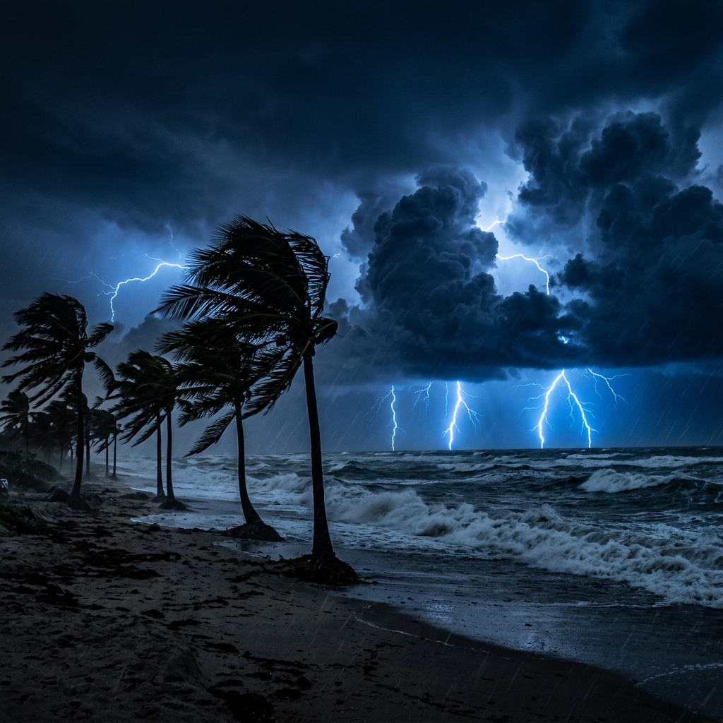 Florida hurricane with lightning over the ocean